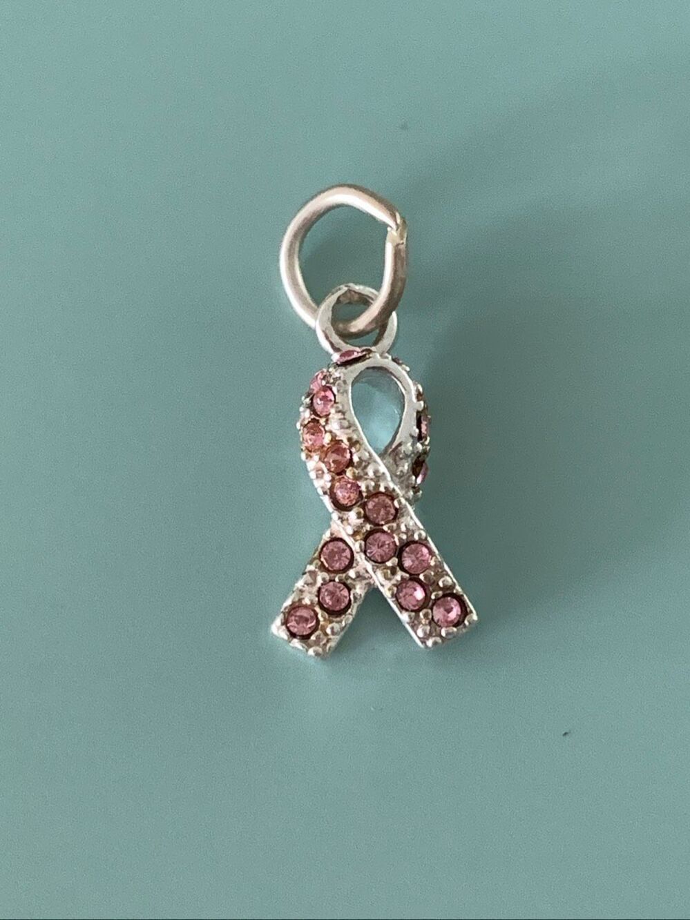 .925 Pink Breast Cancer Ribbon with Crystals Sterling Silver Jewelry Charm